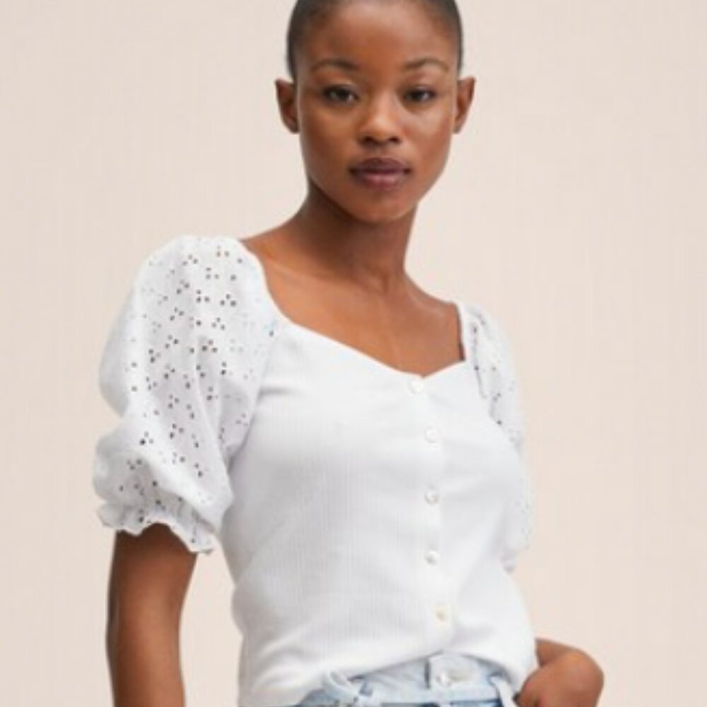 Mango Embroidered Eyelet Sleeve Button-down Blouse - S